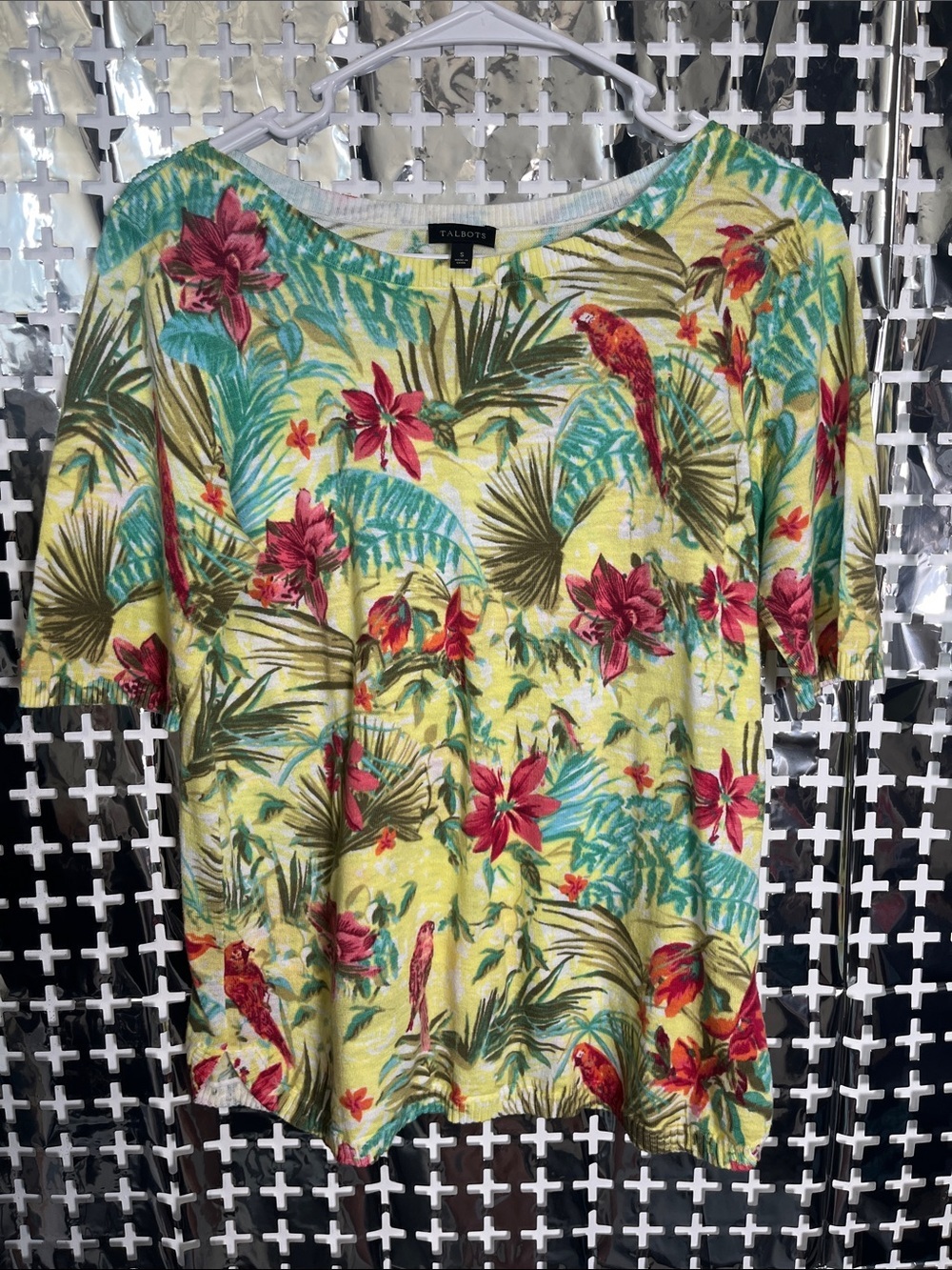 Talbots Yellow Tropical Floral Short Sleeve Top with Pink Flowers